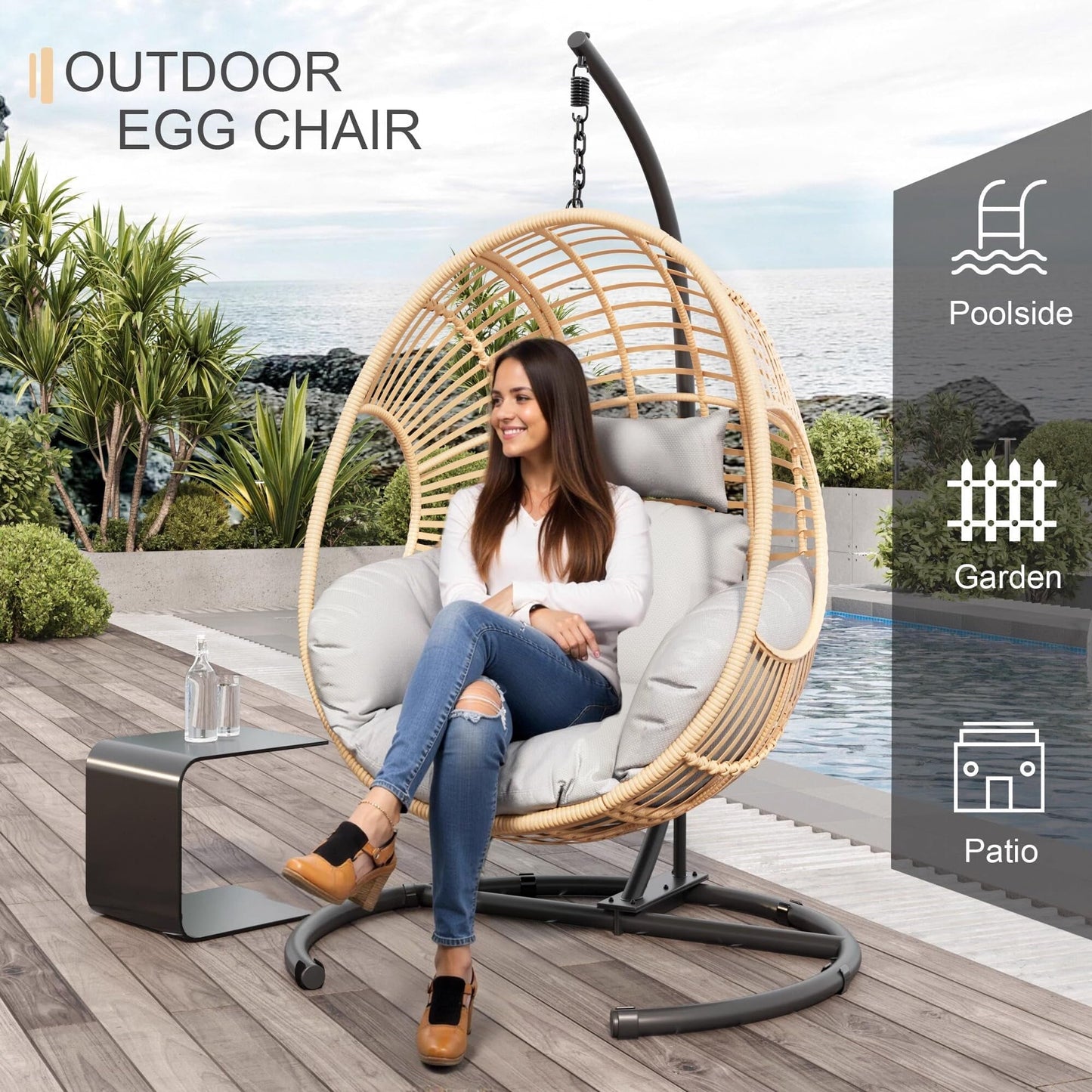 TQKVIPI Oversized Hanging Egg Chair Outdoor Indoor, Wicker Swing Egg Chair with Stand Rain Cover UV Resistant Cushion 400lbs Capacity for Bedroom, Patio, Garden and Balcony (Beige-Regular)