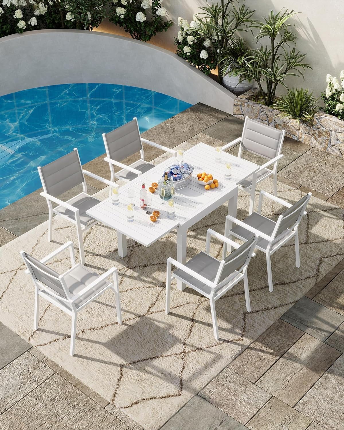 Expandable Aluminum 31"-63" Outdoor Dining Table Set for 4-6 People - Sleek Slatted Design for Patio, Garden & Deck - Durable & Weather-Resistant - Easy Care & Lightweight