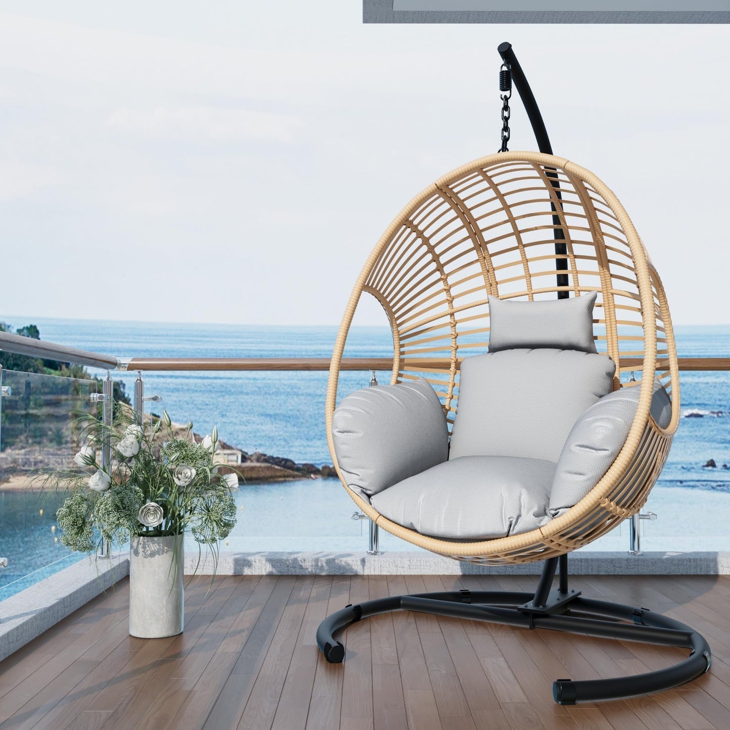 TQKVIPI Oversized Hanging Egg Chair Outdoor Indoor, Wicker Swing Egg Chair with Stand Rain Cover UV Resistant Cushion 400lbs Capacity for Bedroom, Patio, Garden and Balcony (Beige-Regular)