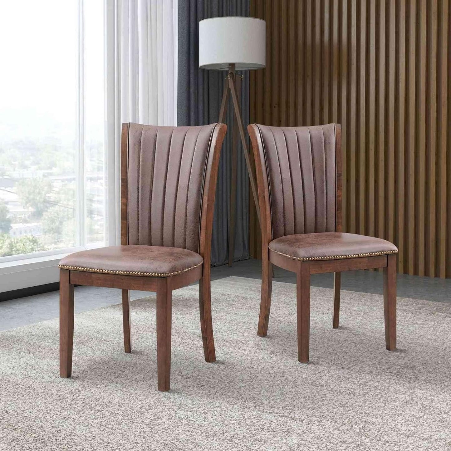 SHAORONG Set of 2 Upholstered Dining Chairs, Vintage Brown Fabric with Padded Cushion, Solid Wood Frame, High Back Design for Kitchen, Dining Room, or Living Room, Oak