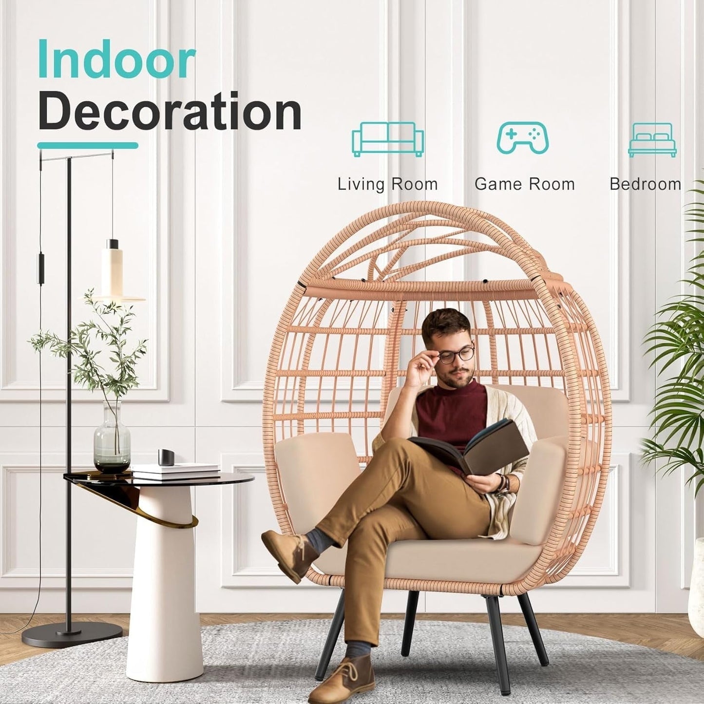 PNKKODW Wicker Standing Egg Chair w/ UV Cushions & Storage Bag, 370lb Capacity, Boho Egg Lounger for Indoor/Outdoor, Brown-Brown