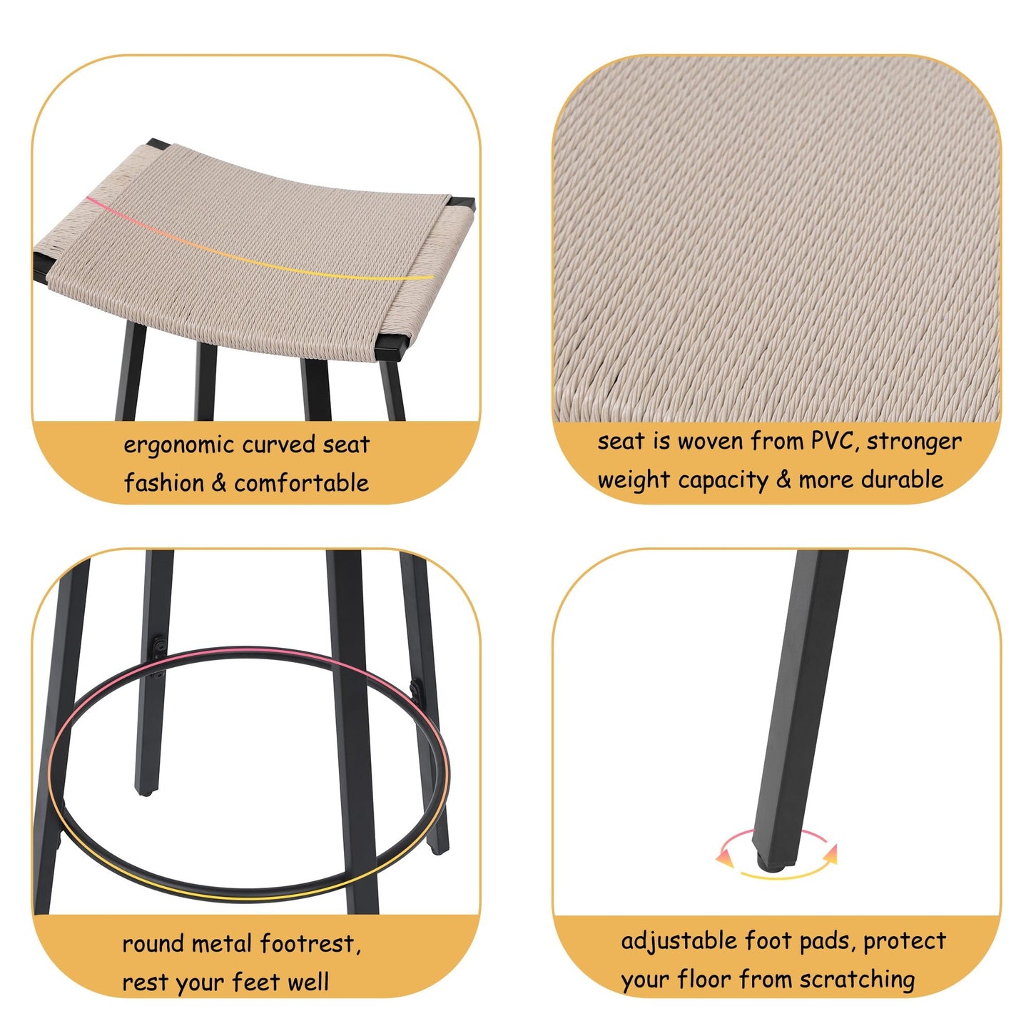 Set of 2 Counter Height Bar Stools Backless Handwoven Kitchen Dining Chairs with Round Footrest PVC Weaving Pub Stool for Indoor & Outdoor (White)