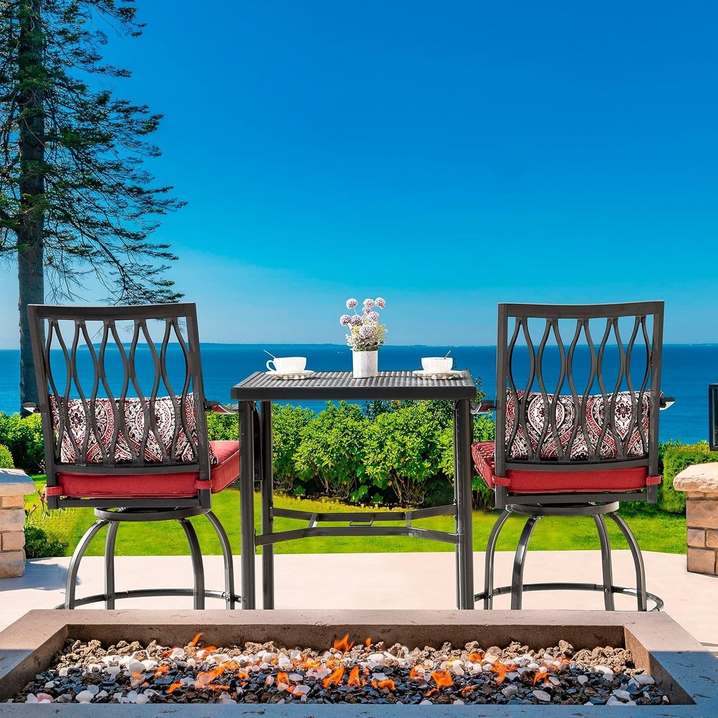 ETHFRF Patio Bar Table with Umbrella Hole, Steel Metal Frame Bar Height Bistro Table, Outdoor Bar Table for Garden, Backyard, Patio and Poolside, Black