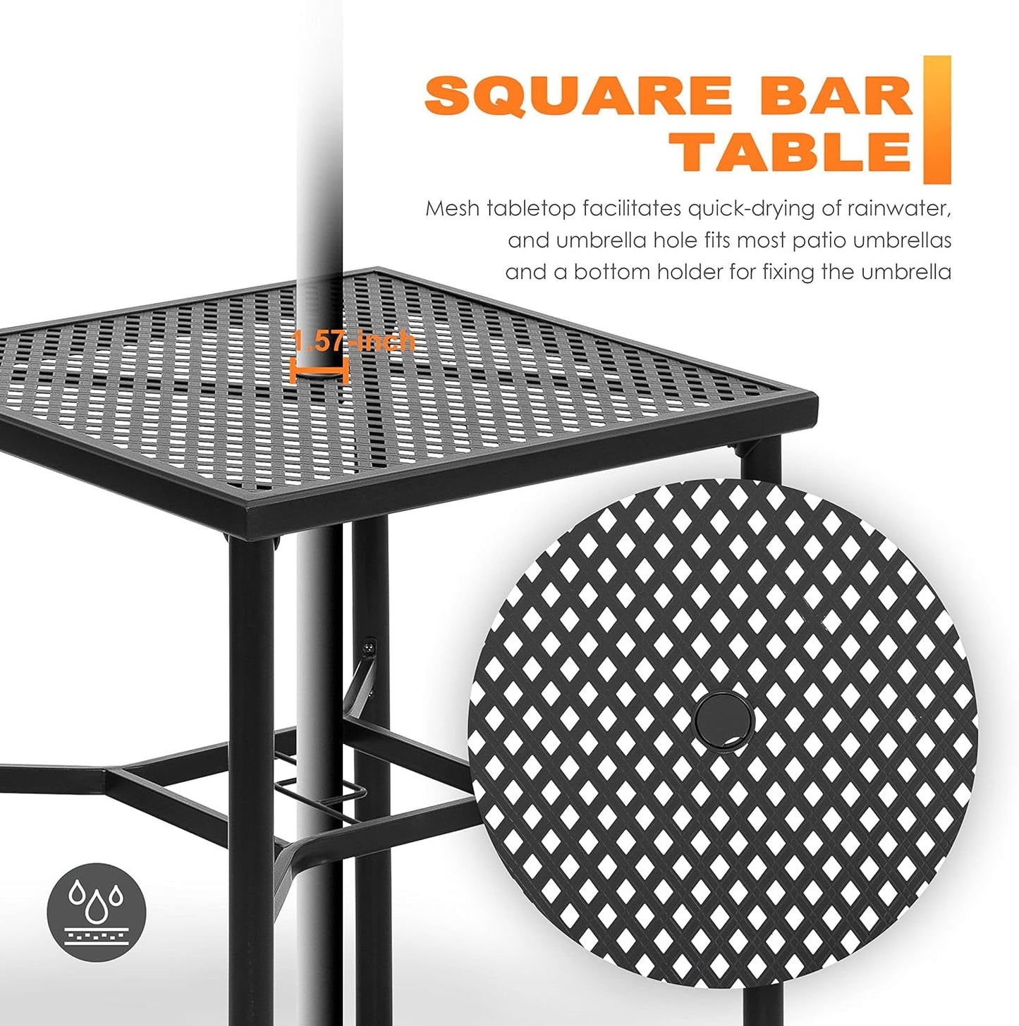 ETHFRF Patio Bar Table with Umbrella Hole, Steel Metal Frame Bar Height Bistro Table, Outdoor Bar Table for Garden, Backyard, Patio and Poolside, Black