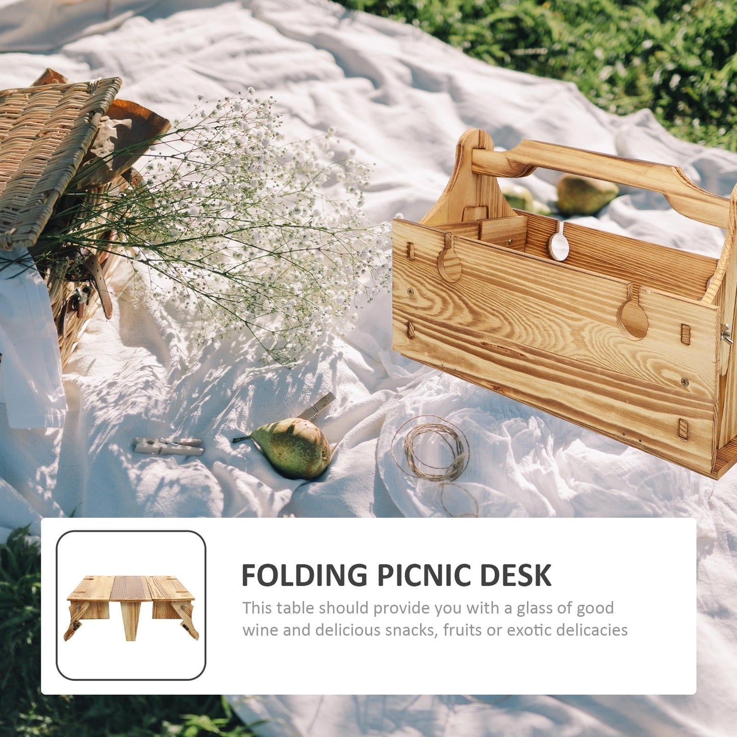 QIFULL Rectangular Folding Picnic Basket Table Wood Adults Ergonomic Design 1Pcs