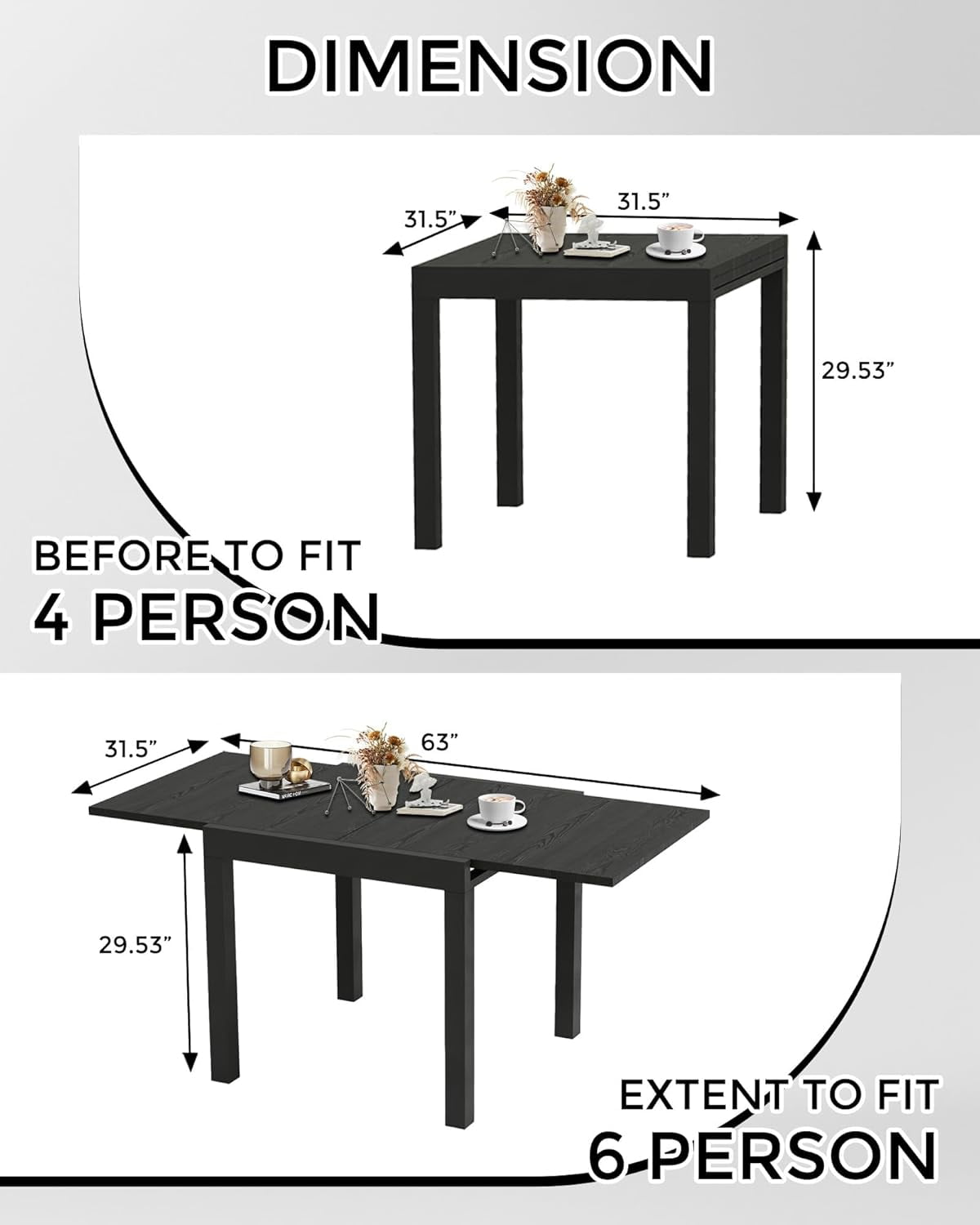Expandable Outdoor Dining Table – 31"-63" Adjustable Patio Table for 4-6 People, Aluminum Frame with Wood Grain Finish, Ideal for Backyard and Deck, Grey