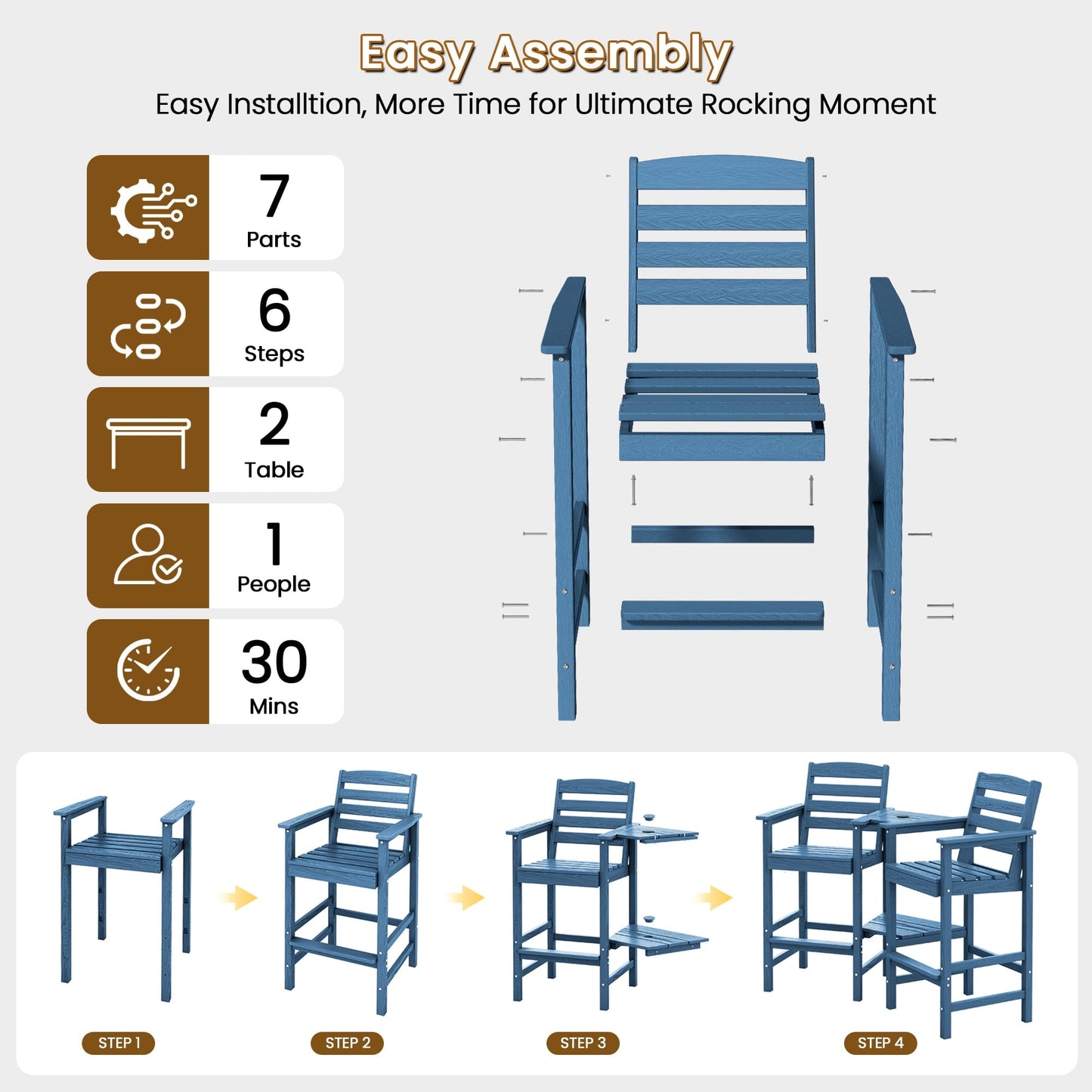 SERWALL Tall Adirondack Chairs Set of 2 with Connecting Table, Adirondack Outdoor Barstools, Navy
