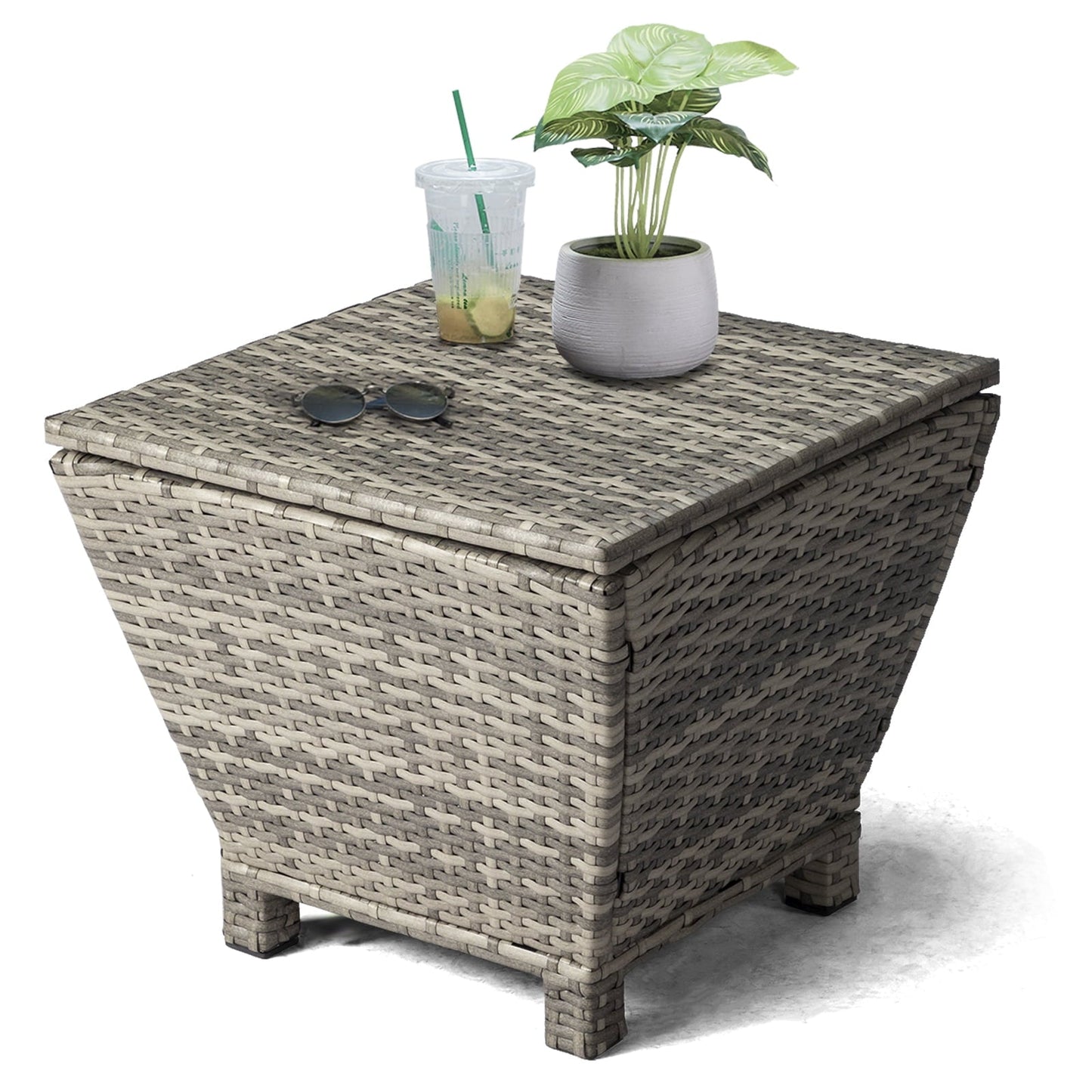 Small Patio Side Table with Storage for Cushions, Hose & Towels, All-Weather Rattan
