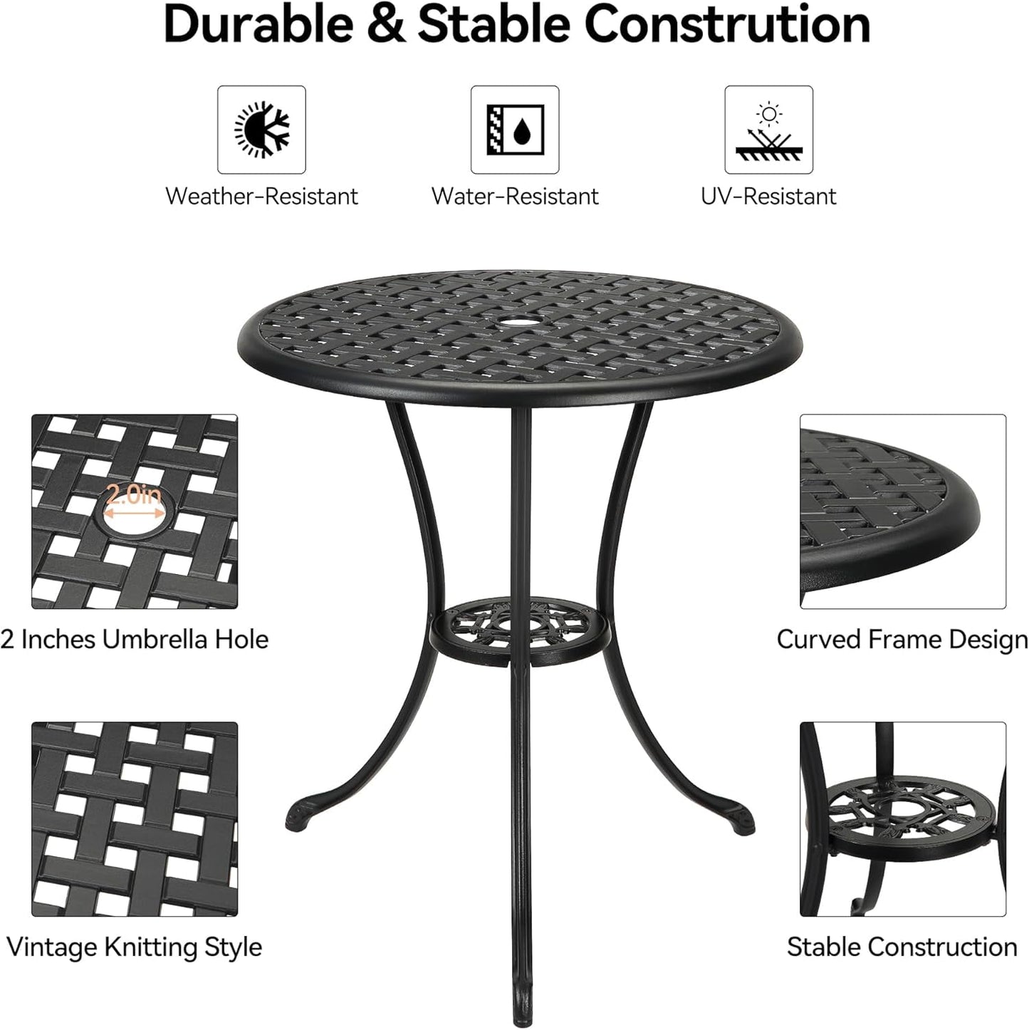 Garvee Round Patio Bistro Table 24 Inch, Cast Aluminum Outdoor Cafe Table with 2Inch Umbrella Hole, Metal Side Table for Porch,Backyard,Garden,Black