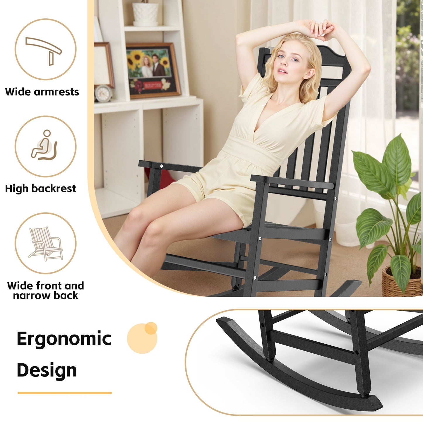 EasyUp Patio Rocking Chair Outdoor,Set of 1,Weather Resistant Poly Resin Oversized Porch Rocker,High Back Smooth Design,350lb Weight Capacity,Indoor Outdoor Use