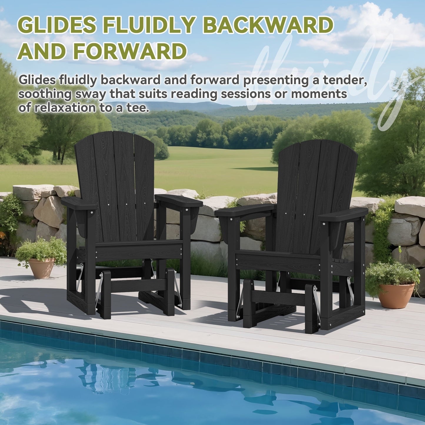 SERWALL Outdoor Glider Chair, HDPE Wood-Like Patio Glider Rocker All-Weather Porch Glider Black