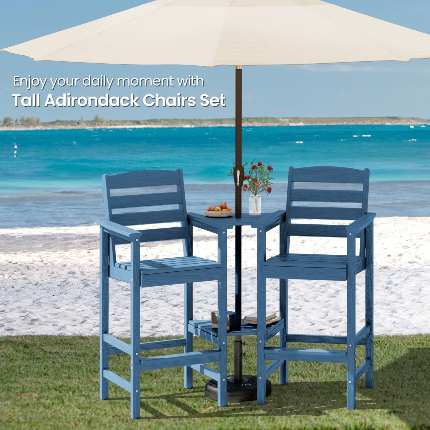 SERWALL Tall Adirondack Chairs Set of 2 with Connecting Table, Adirondack Outdoor Barstools, Navy