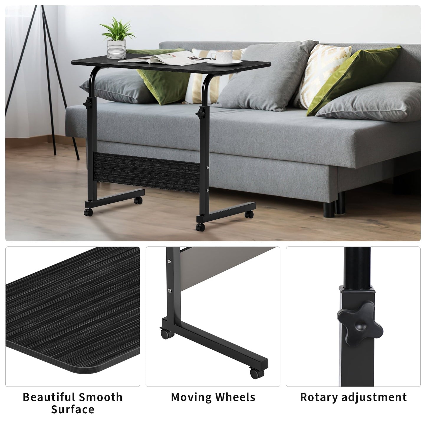 ZephyPaws Height Adjustable Sofa Side C Shape Table,Removable P2 15MM Chipboard & Steel Side Table with Baffle Black
