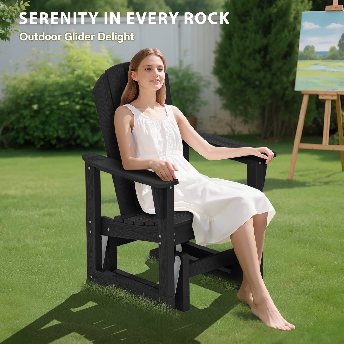 SERWALL Outdoor Glider Chair, HDPE Wood-Like Patio Glider Rocker All-Weather Porch Glider Black