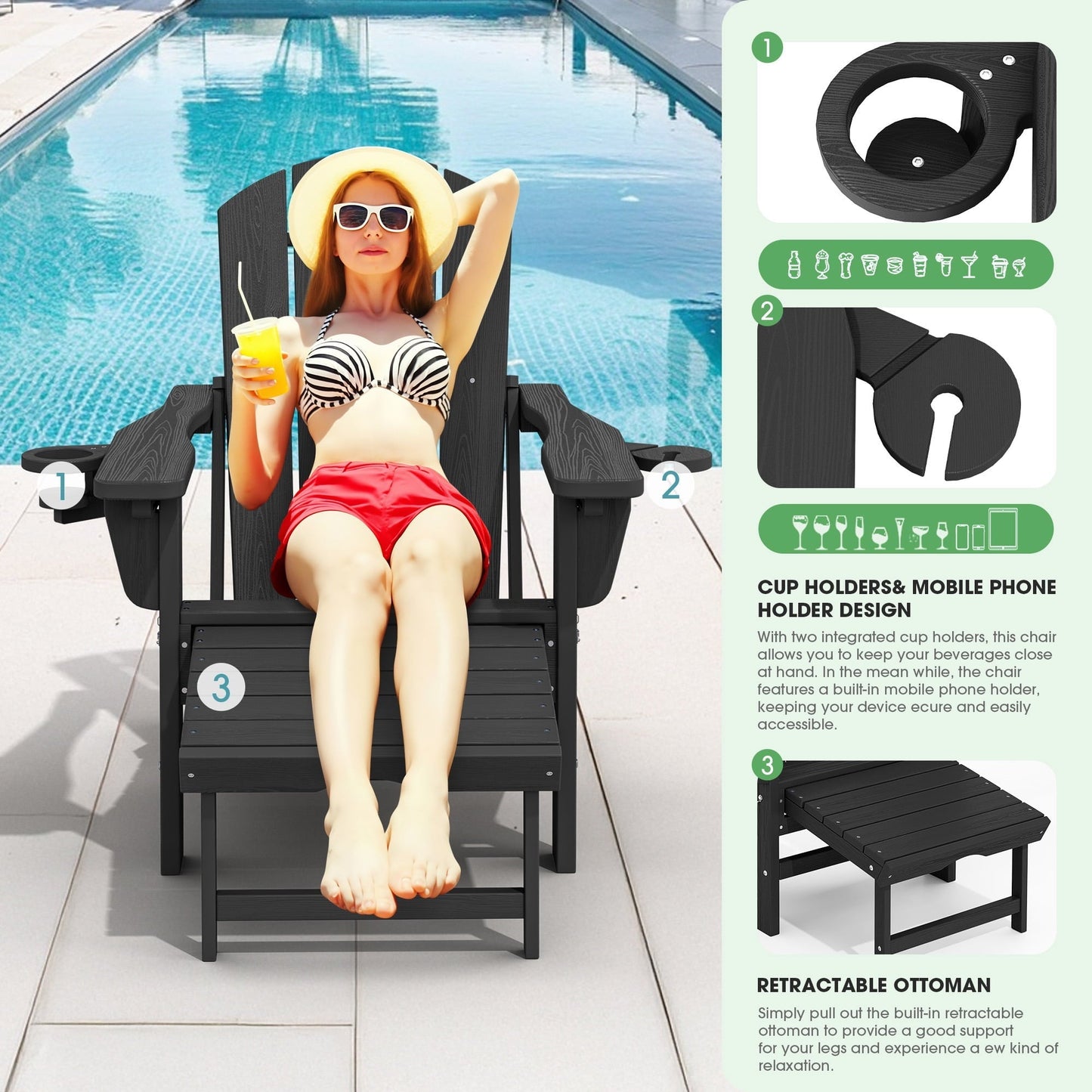 SERWALL Adjustable Folding Adirondack Chair with Footrest & Dual Cup Holders, HDPE Foldable Multifunctional Adirondack Chair with Ottoman for Patio, Outdoor, Garden, Black