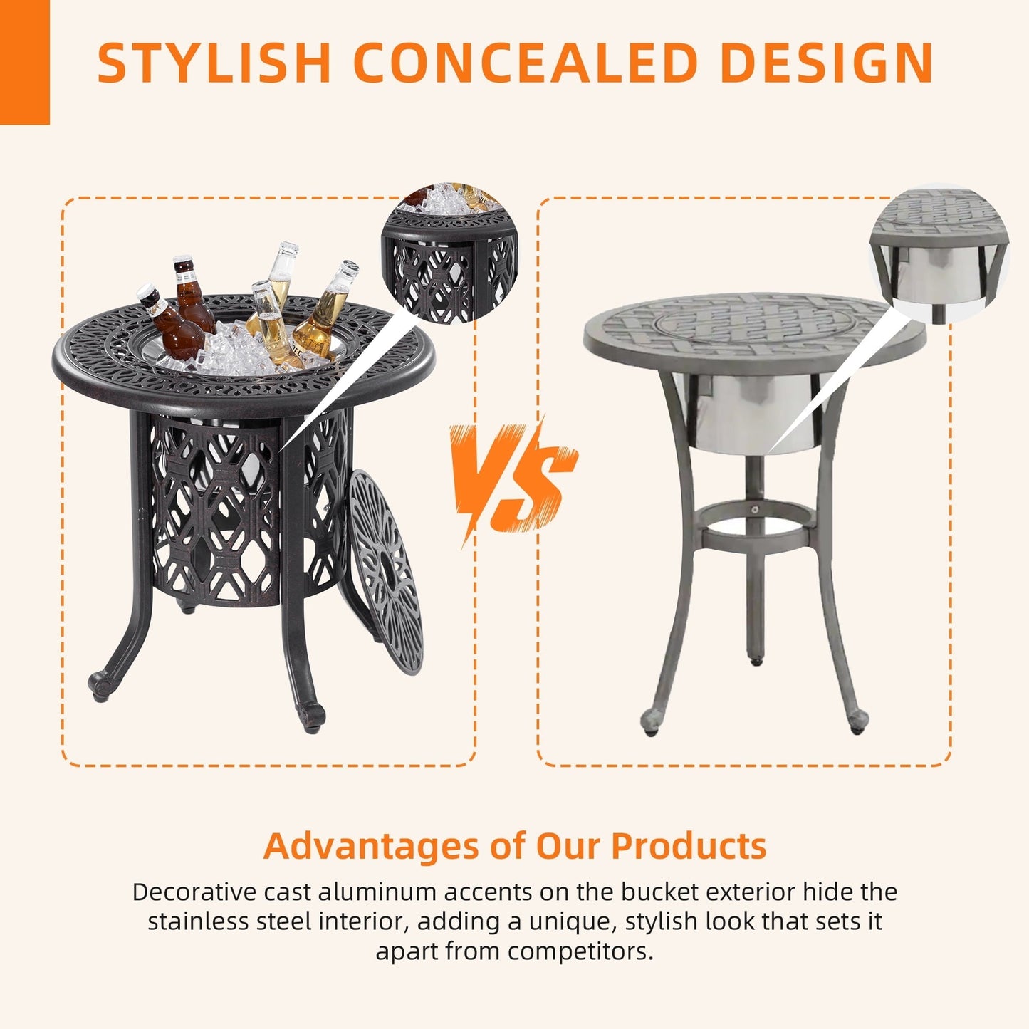 Yoneston 21" Cast Aluminum Round Patio Table with Removable Ice Bucket, Rustproof Outdoor Patio Bar Table for Patio, Balcony, Garden, Poolside, Black