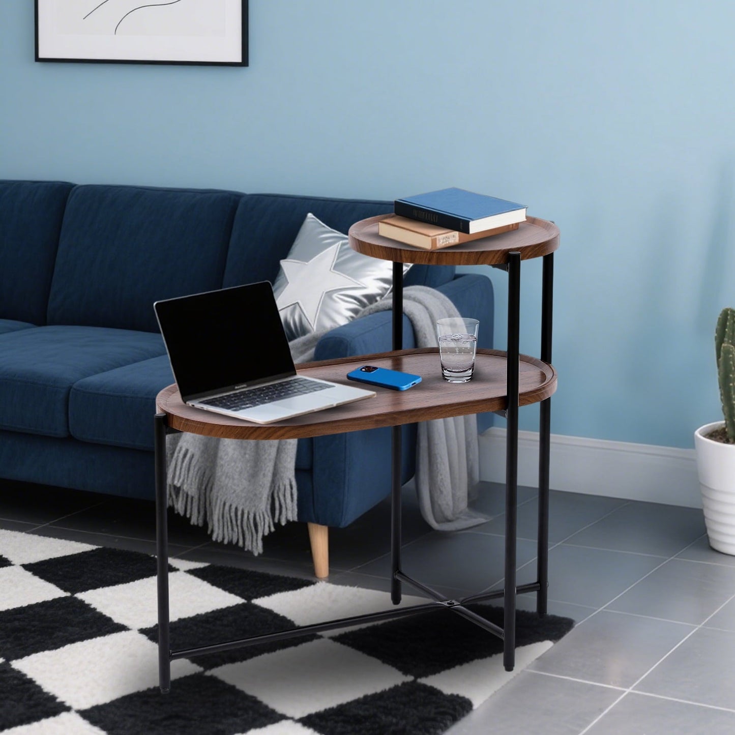 SHIBAILI Small Space 2-Tier Round Sofa Table - Brown Wood Top,Metal Frame