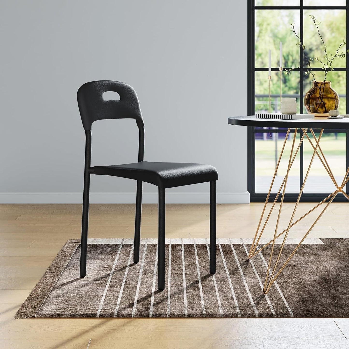 Dining Chairs, Stackable Modern Kitchen Chairs, Plastic Dining Room Chair with Metal Legs, Easy Assembly, Waterproof & Stain-Resistant, Suitable for Indoor and Outdoor, Black