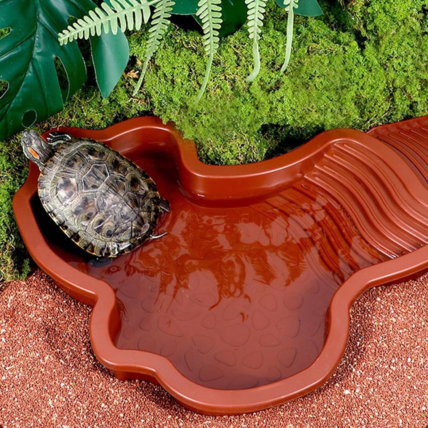 Extra Large Reptile Bathing Pool Reptile Feeding Dish Water Bowl with Ramp Aquarium Ornament for Gecko, Snake, Turtle, Bearded Dragon, Lizard Bath (Brown Red)