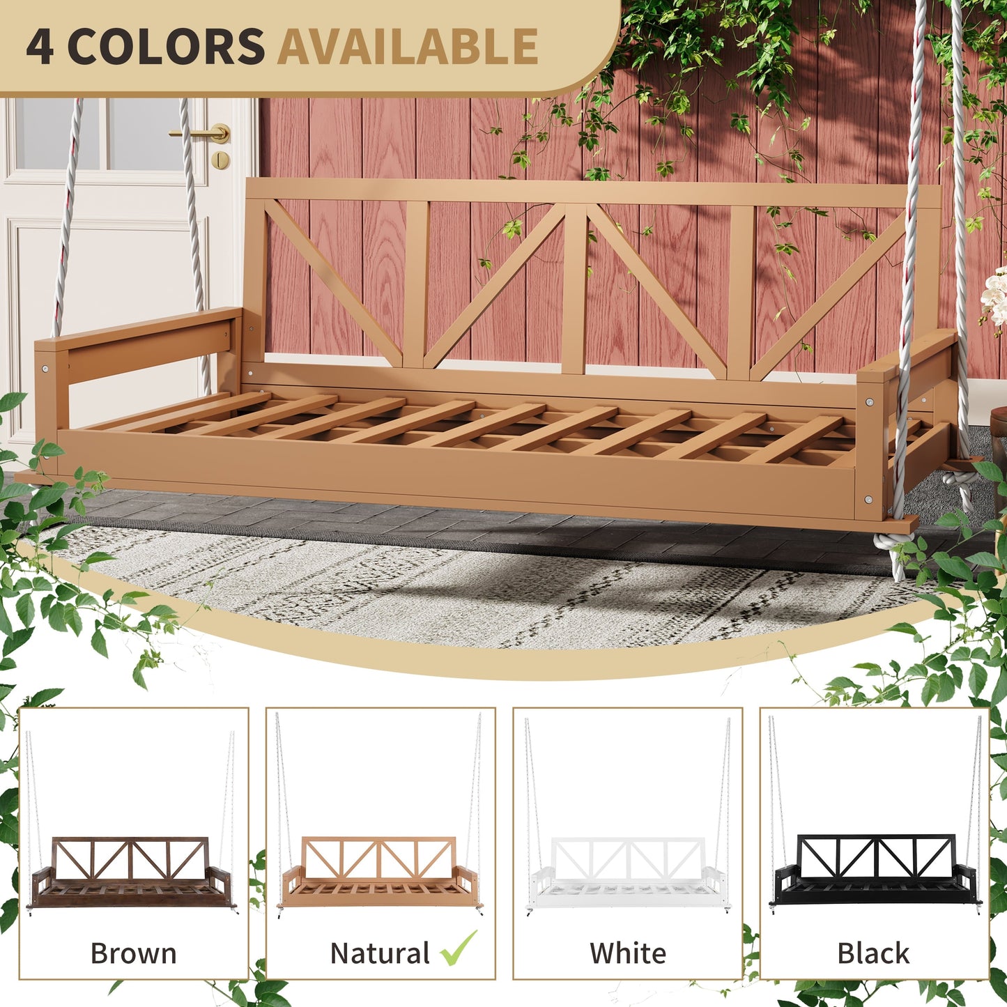 Euroco Acacia Wood Twin Size Porch Swing Bed with 27.8'' High Backrest, 16.4ft Hemp Ropes, Weather-Resistant Outdoor Hanging Daybed for Patio/Garden/Porch – 350 lbs Capacity (Mattress Not Included)