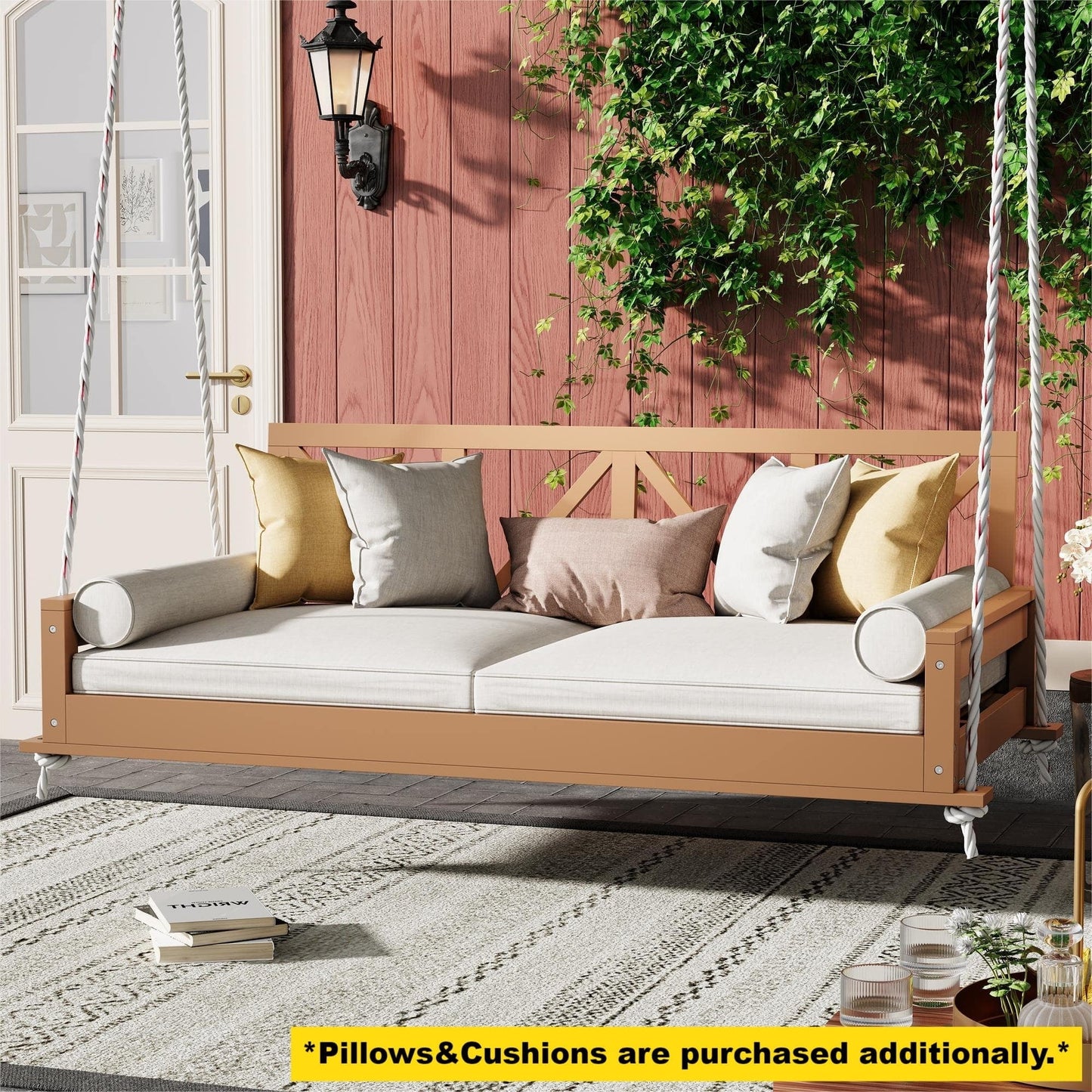 Euroco Acacia Wood Twin Size Porch Swing Bed with 27.8'' High Backrest, 16.4ft Hemp Ropes, Weather-Resistant Outdoor Hanging Daybed for Patio/Garden/Porch – 350 lbs Capacity (Mattress Not Included)