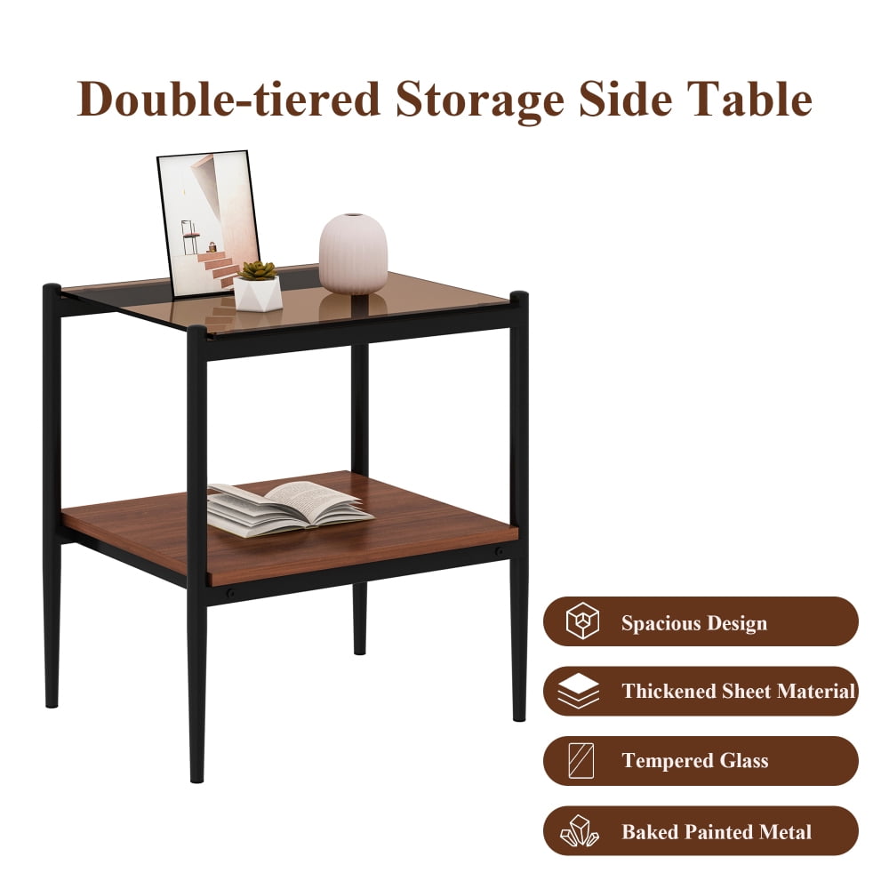 Set of 2 Rectangle End Table, Tempered Glass Tabletop with MDF layer, Modern Table for Living Room , Transparent Glass