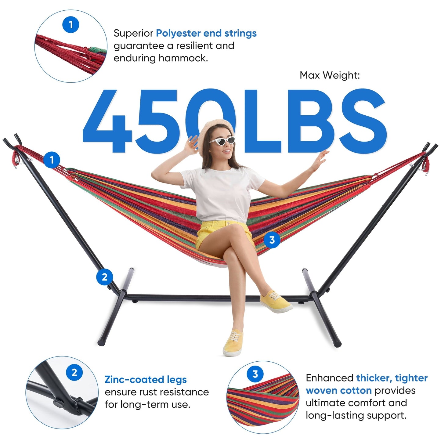 EDX Double Hammock with Space Saving Steel Stand, 2 Person Heavy Duty Outdoor 450lb Capacity Standing Hammocks, Upgraded Polyester End Strings, Portable Carrying Bag Included, Colorful Stripes