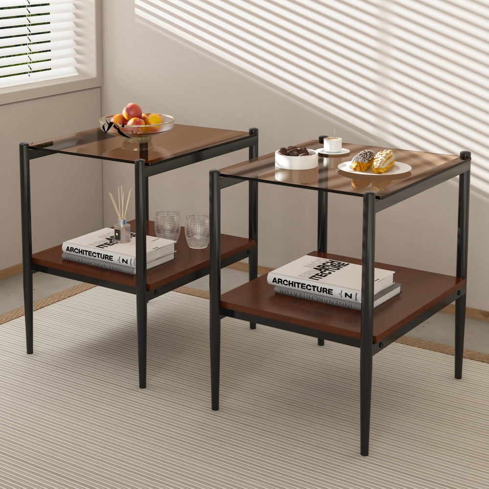 Set of 2 Rectangle End Table, Tempered Glass Tabletop with MDF layer, Modern Table for Living Room , Transparent Glass