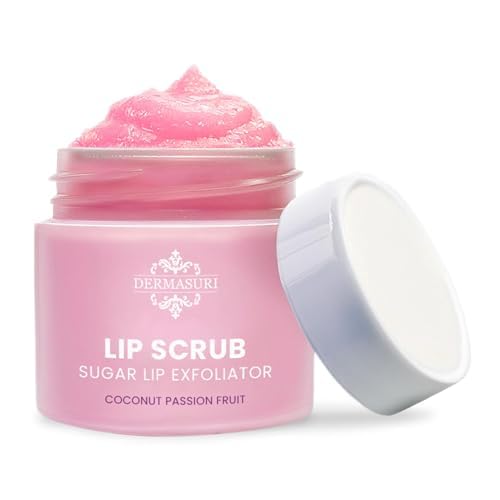 Dermasuri Lip Exfoliator Scrub and Moisturizer, Sugar Scrubs, Overnight Hydration & Softening, Brighten and Soften Dark Lips For Men & Women, Soothing Dryness, Coconut Passion Fruit Flavor 20g/0.7oz