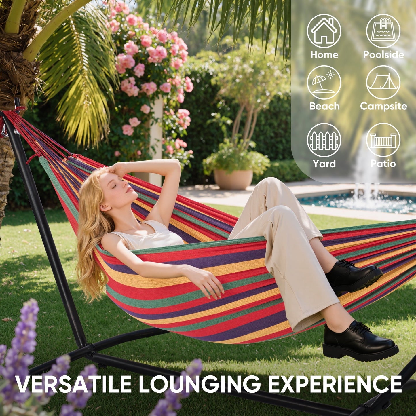 EDX Double Hammock with Space Saving Steel Stand, 2 Person Heavy Duty Outdoor 450lb Capacity Standing Hammocks, Upgraded Polyester End Strings, Portable Carrying Bag Included, Colorful Stripes