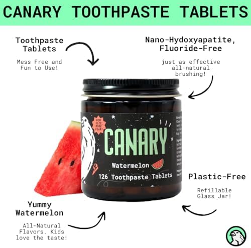 Canary Nano Hydroxyapatite Toothpaste Tablets Watermelon- Remineralizing, Fluoride Free, All Natural Tabs with Xylitol - Great for Kids, Plastic Free - 126 Count
