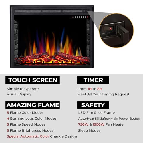 Electric 39" Electric Fireplace Insert, Adjustable 5 Flame Colors, 12 Log Colors, 5 Flame Speeds and Brightness, Remote Control, Timer, Adjustable Temperature from 50°F to 99°F, 750W/1500W (39"X27")