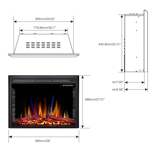 Electric 39" Electric Fireplace Insert, Adjustable 5 Flame Colors, 12 Log Colors, 5 Flame Speeds and Brightness, Remote Control, Timer, Adjustable Temperature from 50°F to 99°F, 750W/1500W (39"X27")