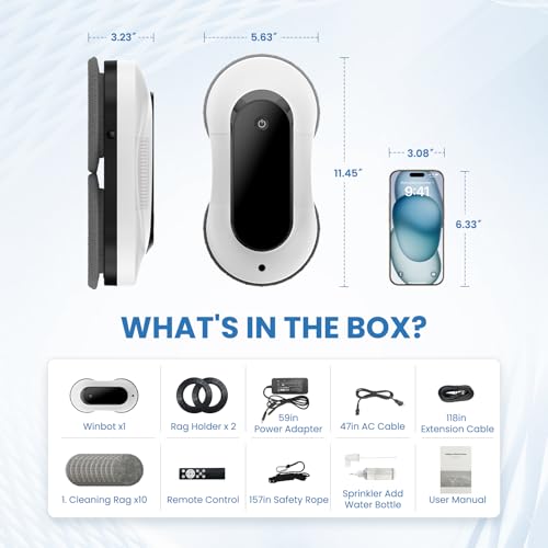 EEland Portable Window Cleaning Robot, Ultrasonic Dual Spray,3000Pa Suction Power, Window Cleanner with Intelligent Edge Detection, Infrared Remote Control