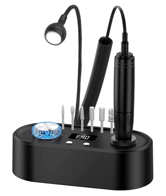Electric Nail Drill Machine, 40000RPM Professional E File Nail Drill Kit for Gel Acrylic Nails,High Speed Low Vibration Low Heat Nail Grinding with LED Light, 7 Bits, F/R Rotation, LCD Screen (Black)