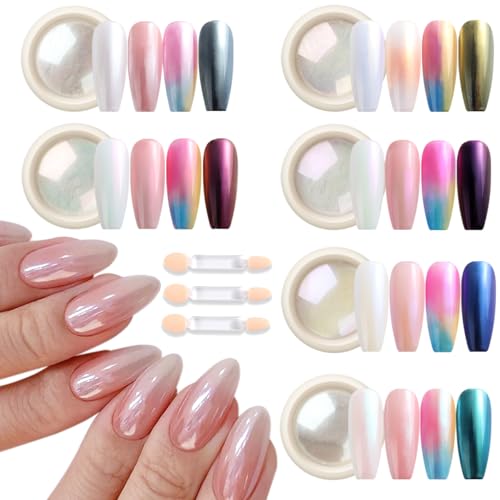 Fcozpjk White Chrome Nail Powder - 6 Colors Pearl Chrome for Nails, Mirror Effect Metallic Rubbing Pigment Dust, Glazed Donut Nail Art Pearlescent Glitter Manicure Decor