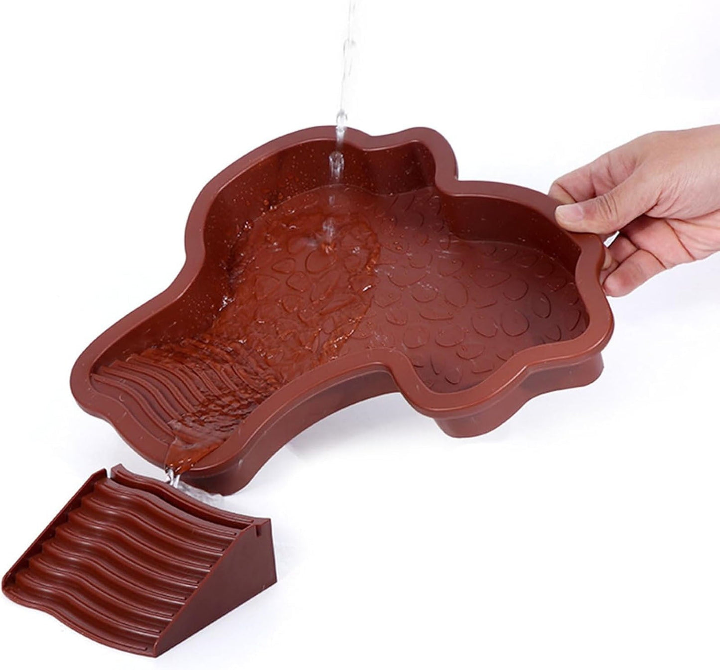 Extra Large Reptile Bathing Pool Reptile Feeding Dish Water Bowl with Ramp Aquarium Ornament for Gecko, Snake, Turtle, Bearded Dragon, Lizard Bath (Brown Red)