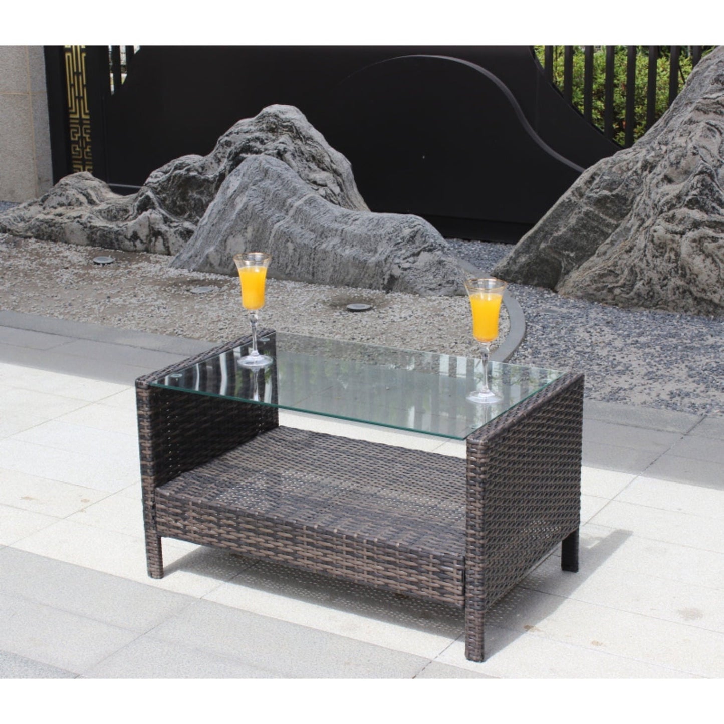 DIANJIE Outdoor Patio Furniture Coffee Table with Clear Tempered Glass