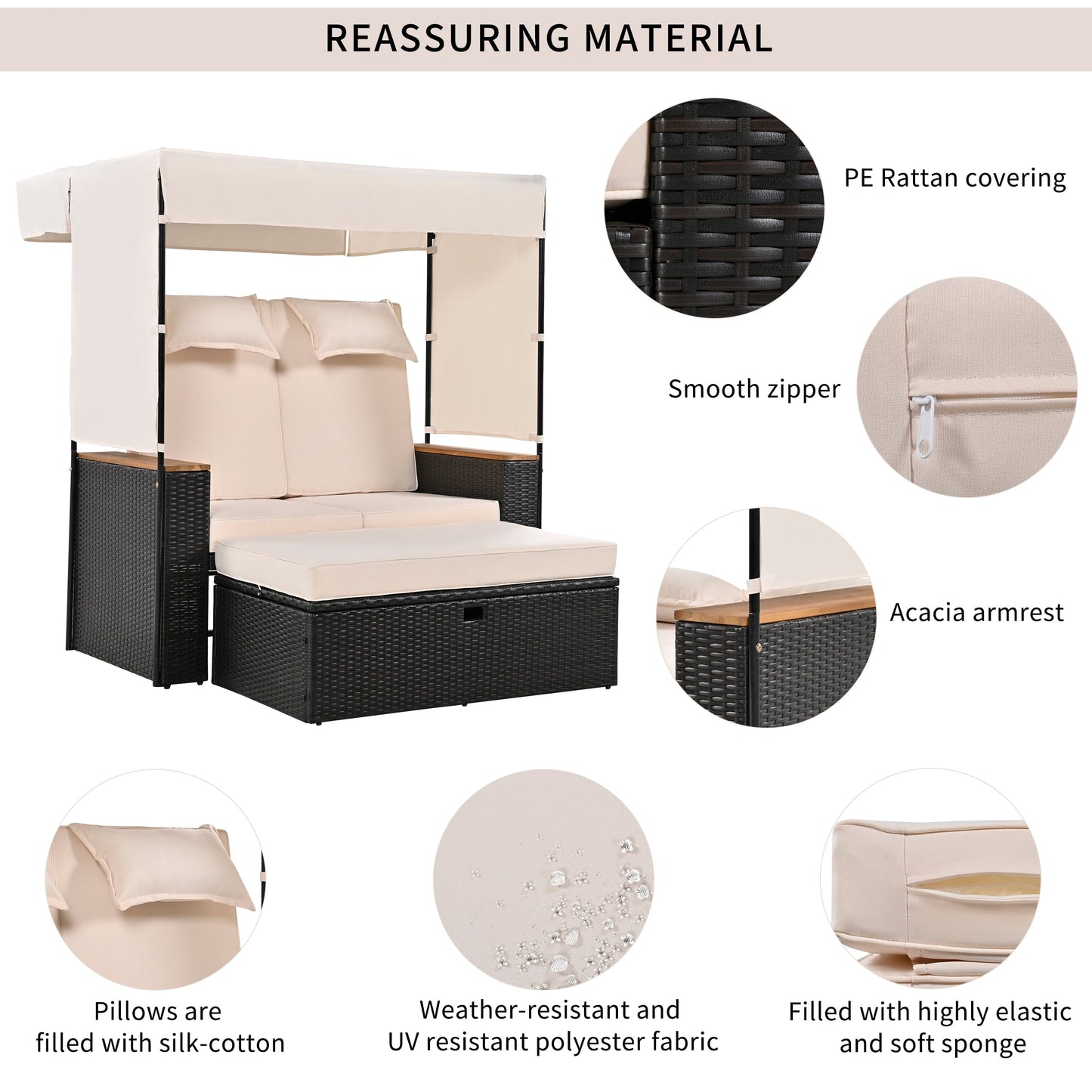 Euroco Outdoor Rattan Daybed with Adjustable Canopy and Backrest, Convertible Lounge Chair with Ottoman Bench & Cushions, PE Wicker Patio Recliner for Garden, Deck, Poolside