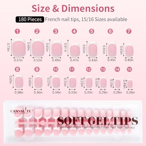 Canvalite Soft Gel French Tip Nails, 180 Pcs Extra Short Press on Nails for Women Flexible Pre-Painted White French Tip Gel Nails Nail Tips No File Need DIY Manicure Gifts for Women, Glue Not Included
