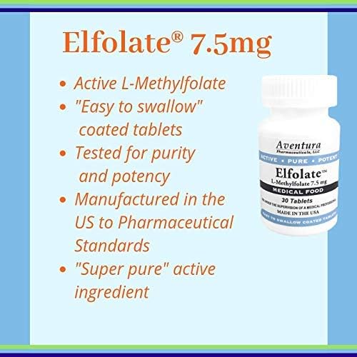 ELFOLATE® 7.5mg L-Methylfolate Methyl Folate Methylfolate Medical Food Supplement Professional Strength Active Pure Potent 30 Tablets