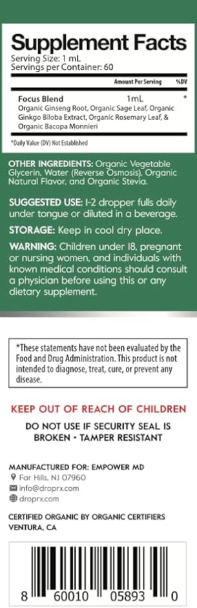 DropRx Focus by Dr. Nicole Saphier – Ginkgo Biloba & Ginseng, Bacopa, Rosemary & Sage for Memory Improvement and Brain Focus – Organic, Non-GMO, Vegan, Gluten-Free, Kosher, Made in USA (2 Fl Oz)