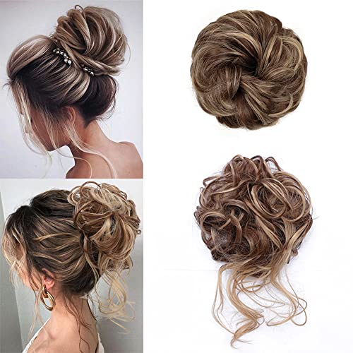 KETHBE Messy Bun Hair Piece Tousled Updo Hair Buns Extension Elastic Hair Band Hair Pieces Curly Hair Bun Scrunchie For Women (2PCS,Brown Mix Ash Blonde)