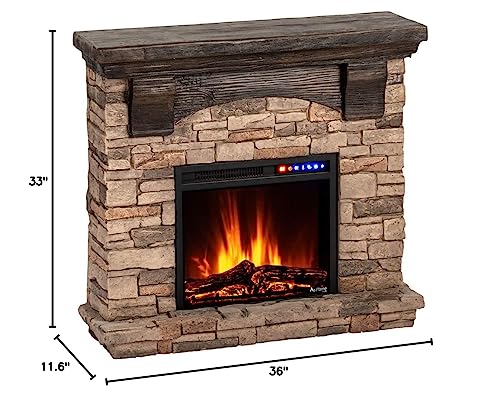 e-Flame USA Kodiak LED Electric Fireplace Stove - Faux Wood and Stone Mantel - Remote - 3D Log and Fire