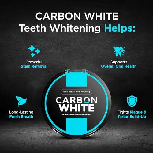 CARBON WHITE Teeth Whitening Powder - Natural Activated Coconut Charcoal Tooth Powder for Removing Stains & Discoloration - Helps Fight Tartar & Plaque, Freshens Breath - Tasteless, Odorless - 30g