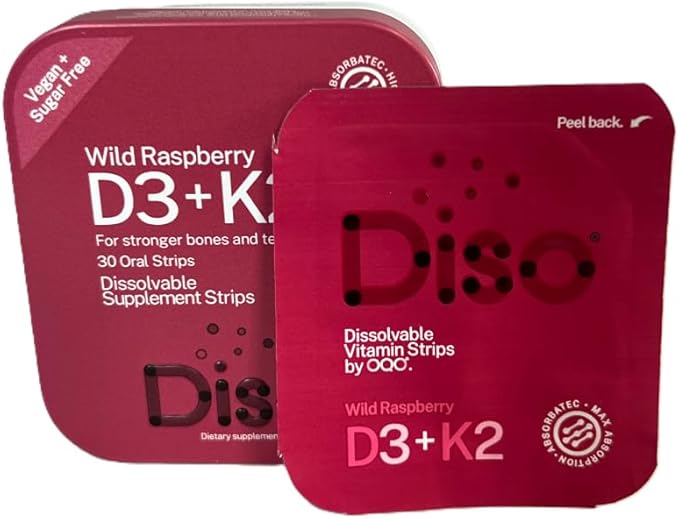 DISO - D3+K2 - Dissolvable Supplement Oral Strips, Wild Raspberry Flavor, Vegan, Sugar Free, Maximum Absorption, Gluten Free, Individually Wrapped, for Healthy Bones and Teeth, 30 Count