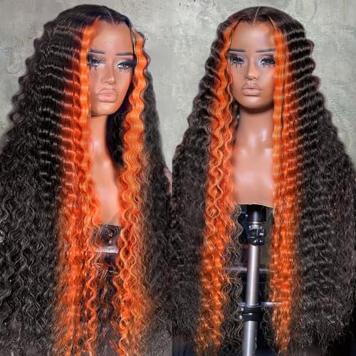 Daphernew 250% Density Deep Wave Lace Front Wigs Human Hair 2/350 Ginger Deep Curly Wigs Human Hair for Women 13x6 HD Lace Front Wigs Ginger Orange Curly Human Hair Wig Brazilian Hair 20Inch