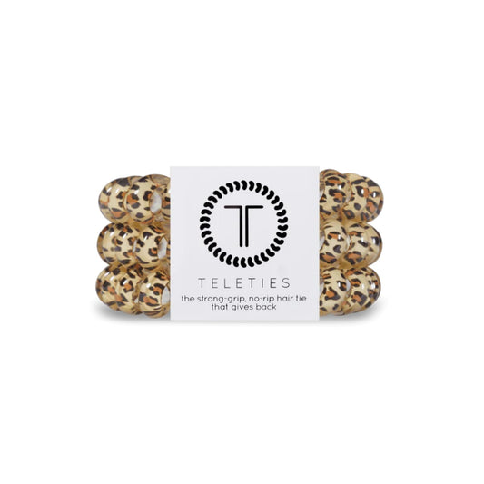TELETIES - Spiral Hair Coils - Ponytail Holder Hair Ties for Women - Phone Cord Hair Ties - Strong Grip, No Rip, Water Resistant, No Crease Hair Tie Coils - 3 pack (Large, Leopard)