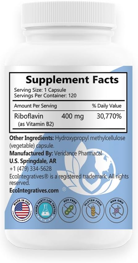 EcoIntegratives B2-400 Pure Riboflavin - Nervous System Health, Homocysteine Detox, Cardiovascular, Helps Boost Energy, Mental Clarity, Metabolism and Cell Function 120 Vegan Capsules