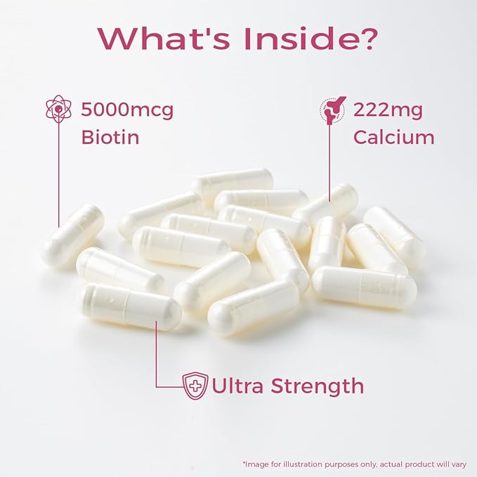 Extra Strength Biotin 5000 MCG, 60 Capsules for Hair, Skin, Nail & Bone Health, Non-GMO & Gluten-Free, High-Potency Biotin Supplement (2-Month Supply)